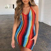 Summer Clothes Halter Backless Sleeveless Colorful Stripe Bodycon Tunic Mini Dress Elegant Party Club Wrap Dresses